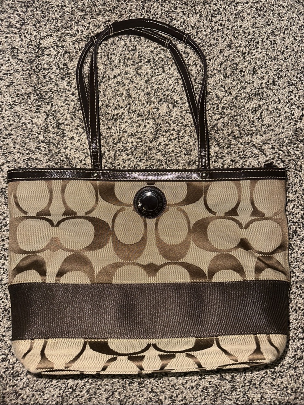 Like New-Coach Signature Canvas Tote in Beige and Dark Brown